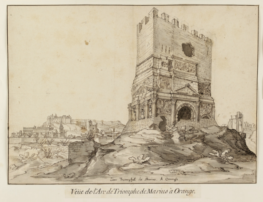 View of the monument (northeast corner) when it was part of a tower. Étienne Martellange, View of the Roman Triumphal Arch at Orange, c. 1600, black chalk with pen, brown ink, and gray wash, 38.2 x 52.6 cm (Ashmolean Museum, Oxford)